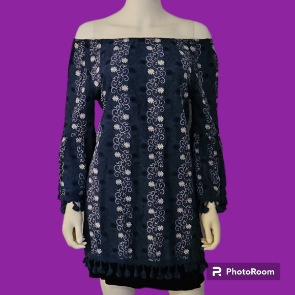 VELZERA Floral Embroidered Tassel Fringe Off Shoulder Bell Sleeve Hippie Tunic - Picture 1 of 8